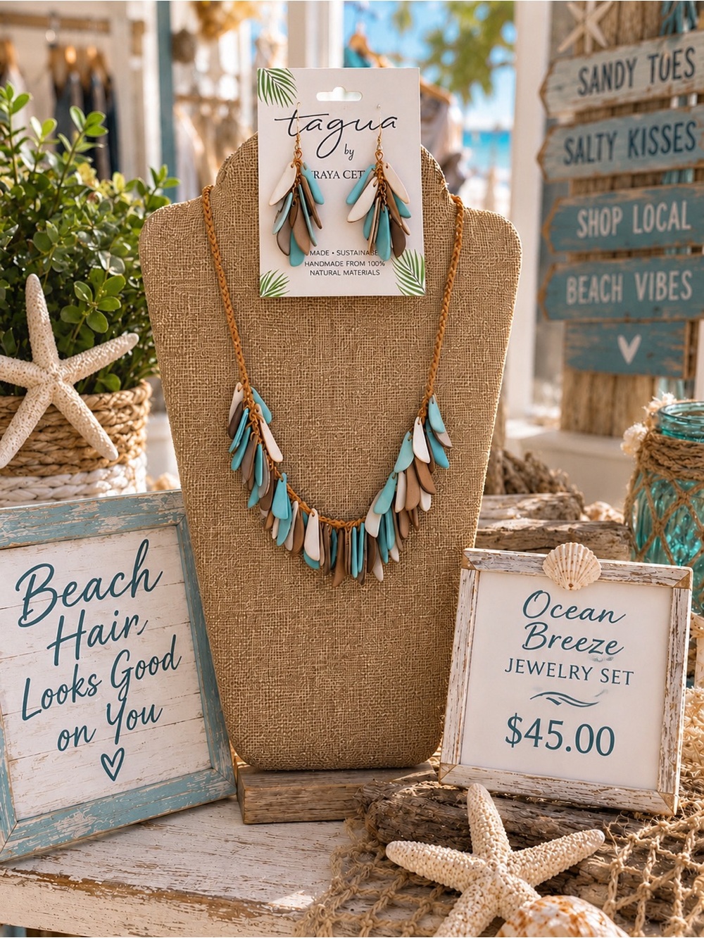 Tagua Ocean Breeze Necklace & Earring Set — Turquoise, White & Tan
